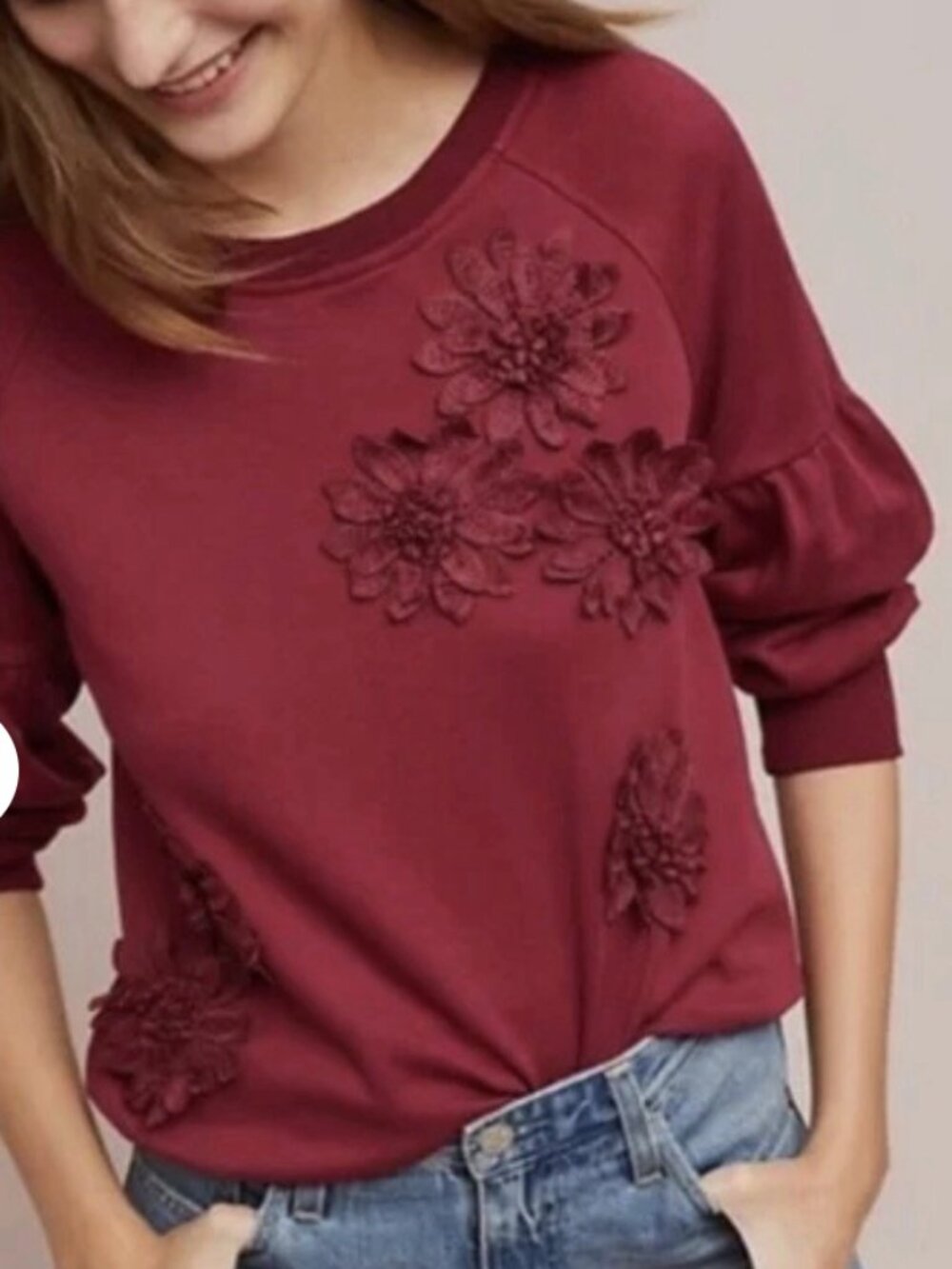 Anthropologie Blue Tassle Burgundy Textured Floral Sweatshirt